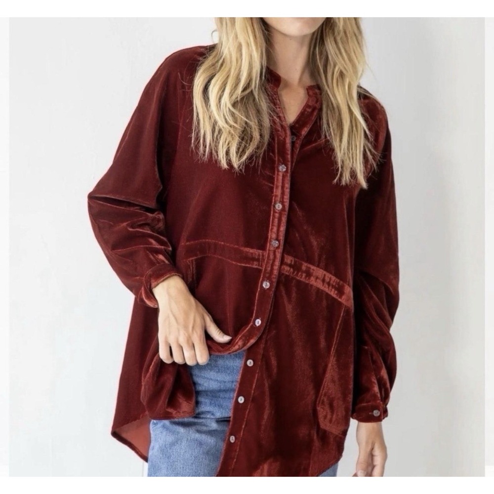 Natural Life Laid Back Velvet Sz M Button-Up Tunic Shirt Rust Oversized Boho